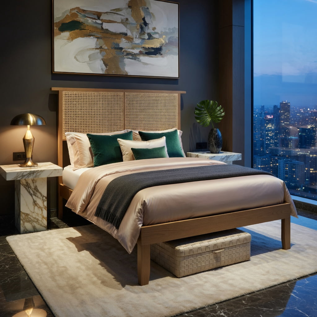 Barara King Bedroom Bed Frame, Bed Platform Frame,Twin/Full/Queen Size Bed Frame with Rattan Headboard-Twin Size