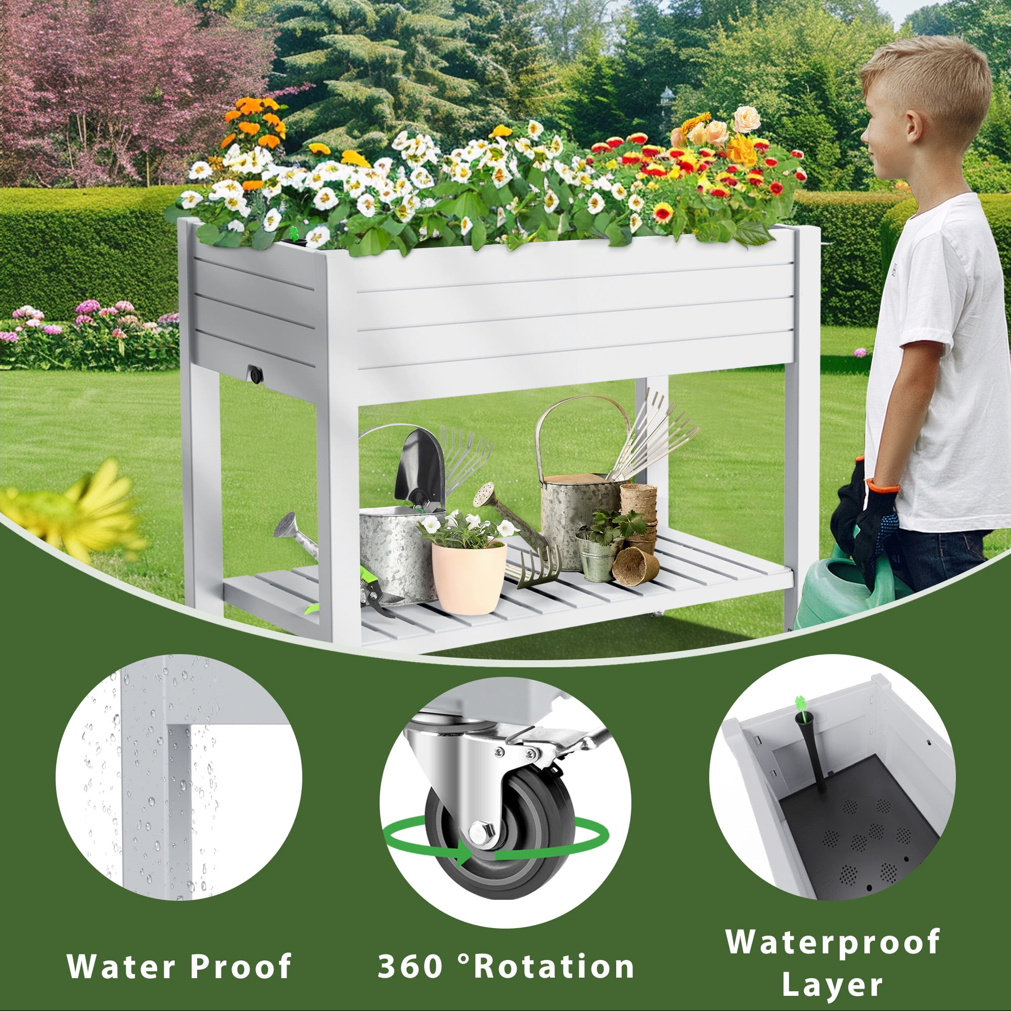 MAYEERTY Raised Garden Bed with Wheels & Lower Shelf, Built-In Water Storage for Patio Balcony Garden