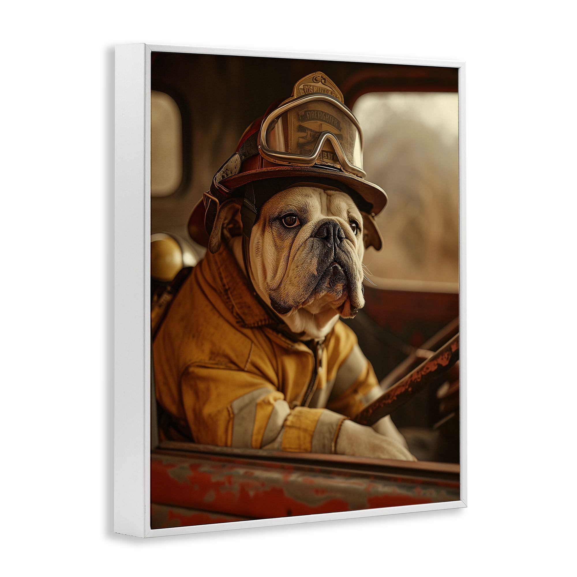 Stupell Industries Rustic Bulldog Fireman Novelty Painting White Framed Art Print Wall Art, 11 x 14