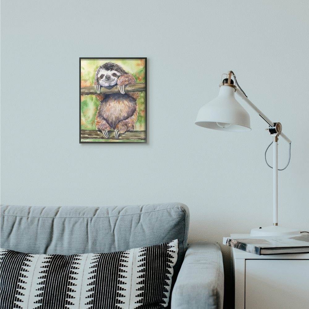 Stupell Industries Sloth Animal Green Orange Watercolor Painting Framed Giclee Texturized Art by George Dyachenko