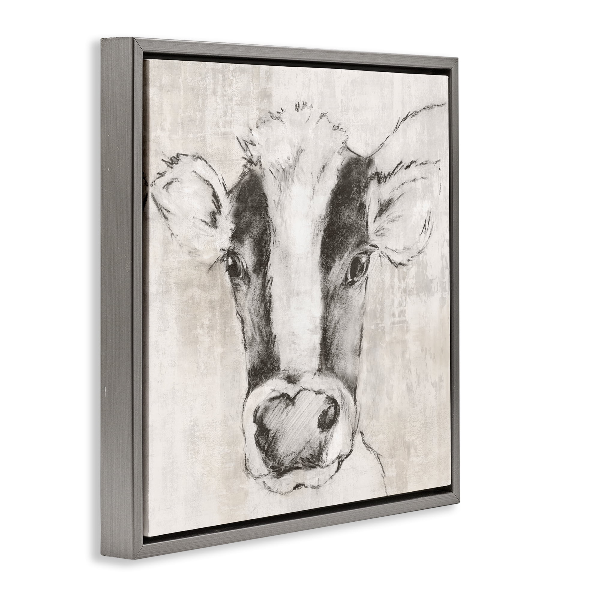 Stupell Industries Cow Sketch Impression Animals Drawing Gray Floater Framed Canvas Art Print Wall Art, 25 x 25