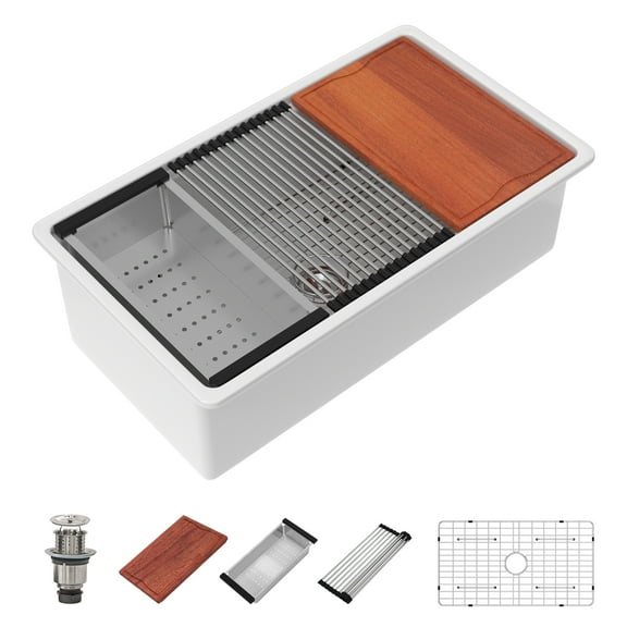 Dcolora White Undermount Kitchen Sink Workstation 33×19 Dual Mount Single Bowl Sink For Kitchen Fireclay Ceramic,DC-UC7712