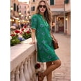 thumbnail image 5 of Summer Dresses for Women Boho Floral Puff Short Sleeve V Neck Trim Casual Mini Dress Sundress Deep Green L, 5 of 9
