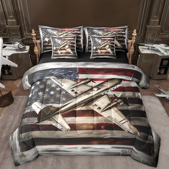 Manfei Retro American Flag 7-Piece Twin Bedding Sets,Cartoon 3D Aircraft Airplane Bedding Comforter Set,White Gray Red Sheet Sets For Girl Boy,Breathable Home Decor Reversible