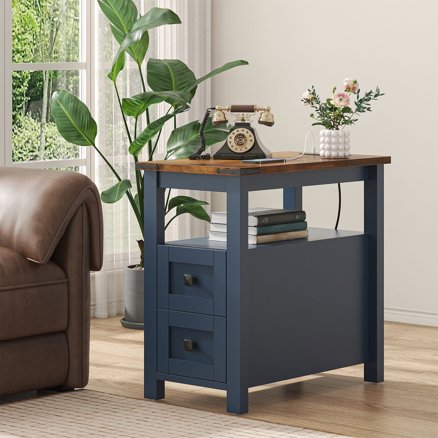 VVFLU Farmhouse End Table with Charging Station, Blue Nightstand Narrow, Skinny Slim Small, Bedroom