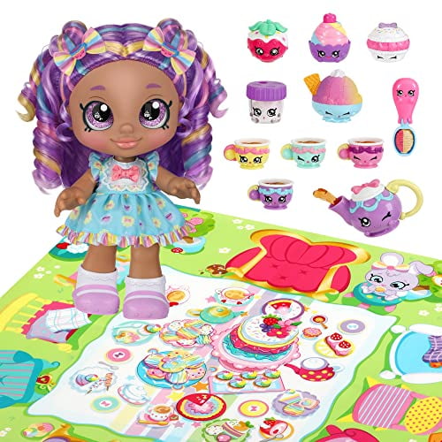 Kindi Kids Kirstea & Tea Party Set. Toddler Doll with Changeable Clothes Plus 11 Shopkins Tea Party Accessories. Includes Playmat 24 in x 24 in