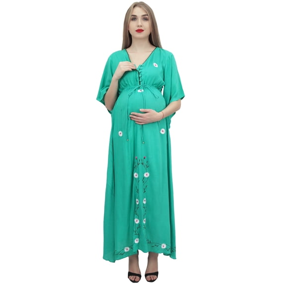 Bimba Women Green Drawstring Maternity Sleepwear 3/4 Sleeve Moms Maxi Dress - 4