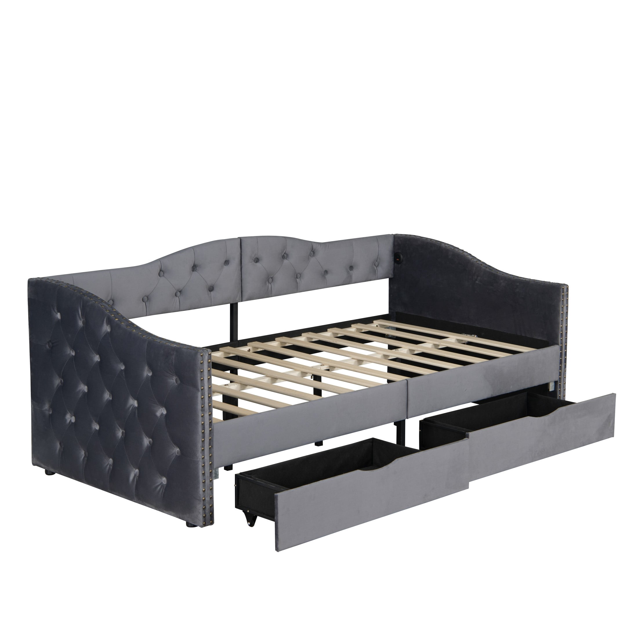 Noble House Foster 71" Twin Upholstered Daybed, Linen Button Tufted Sofa Bed with 2 Storage Drawers & USB, Gray