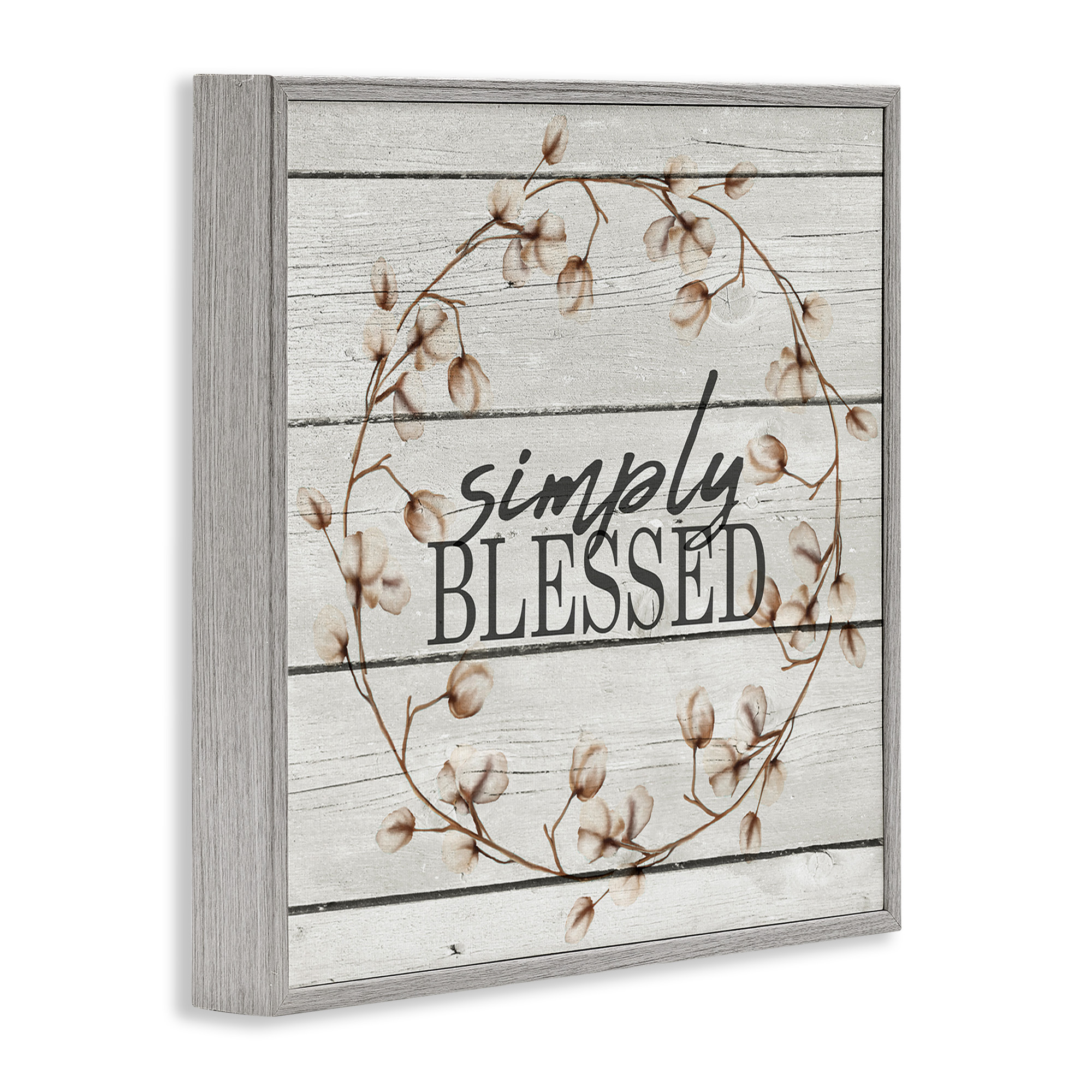 Stupell Industries Simply Blessed Rustic Wreath Botanical & Floral Painting Gray Framed Art Print Wall Art, 17 x 17