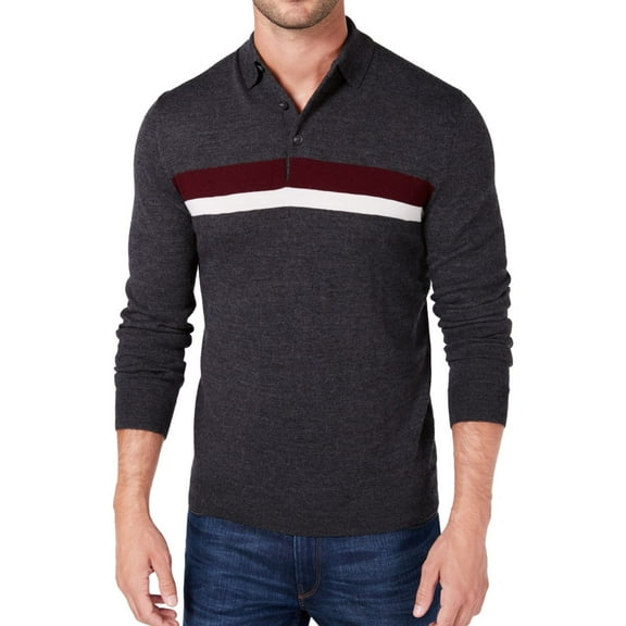 Club Room Mens Merino Stripe Polo Shirt, Grey, X-Large