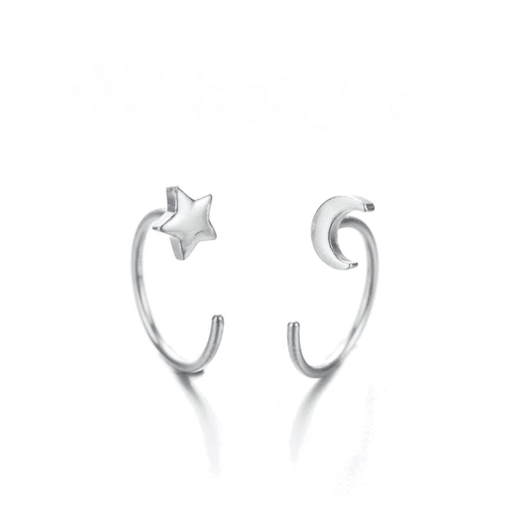 1 Pair Sterling Silver Moon and Star Huggie Hoop Threader Earrings, Tiny Minimalist Earrings for Women