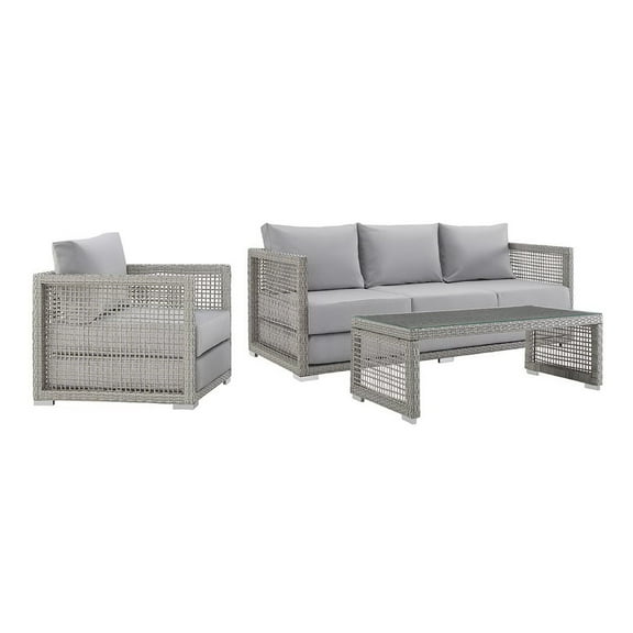 3 pcs Lounge Sectional Sofa Table Set, Gray, Wicker Rattan, Outdoor Patio Balcony Cafe Bistro Garden Hospitality Restaurant, Modern Contemporary, HB37003