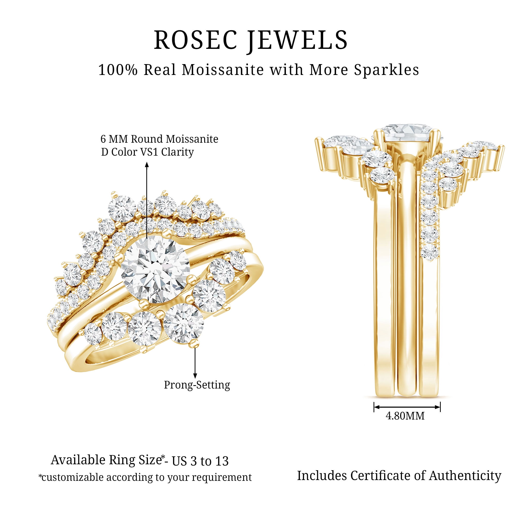 Rosec Jewels Certified Moissanite 3 Piece Wedding Ring Set for Women - Moissanite Engagement Ring with Enhancer - D-VS1 Quality, 14K Yellow Gold, US 10.50