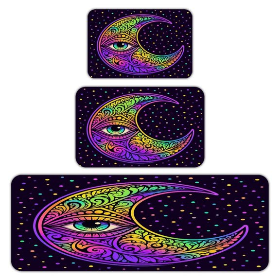 RKSupls Kitchen Rug Set 3 Piece Anti-Slip Flannel Floor Mats, Rainbow Moon Eye Washable Absorbent Runner Mats for Kitchen Bathroom Home Decor