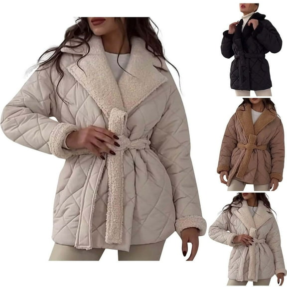 Bixock Women Outerwear Fall and Winter Fashion Solid Color Notched Lapel Heavy Weight Tie Waist Long Sleeve Quilted Jacket