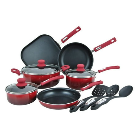 Handle 12 Piece - Hamilton Beach 12pc Aluminum Cookware Set, 3.0mm, Gradient Red, Non-Stick Interior, Soft Touch Handles