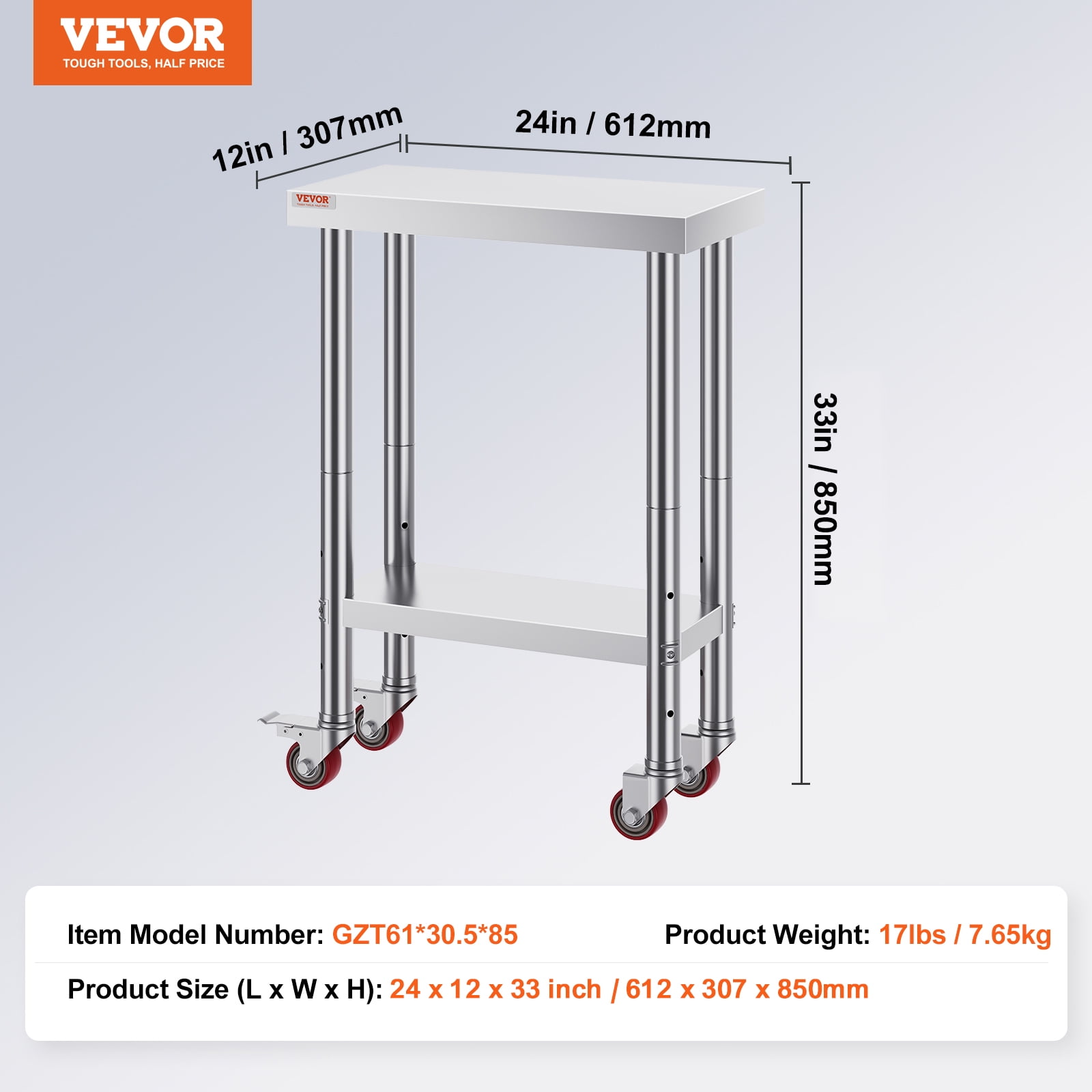 VEVOR Stainless Steel Work Table 12 x 24 x 34 Inch, 700 LBS Load Capacity with 4 Wheels, 3 Adjustable Height Levels, Heavy Duty Food Prep Worktable for Commercial Kitchen Restaurant, Silver