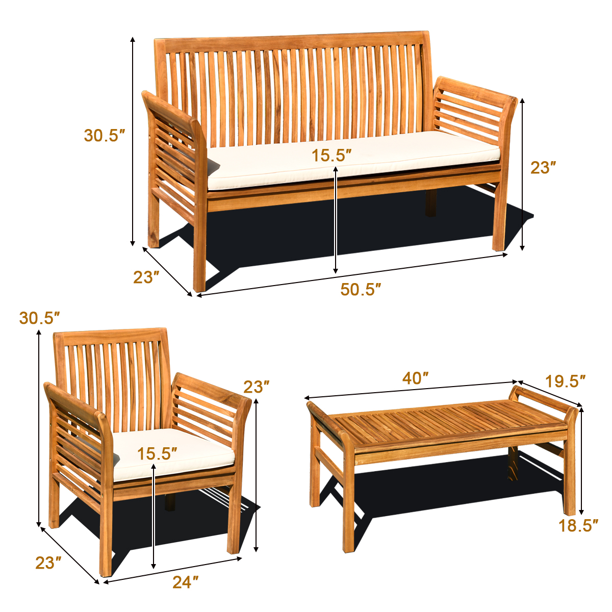 Costway 4 PCS Outdoor Acacia Wood Sofa Furniture Set Cushioned Chair Coffee Table Garden - image 3 of 10