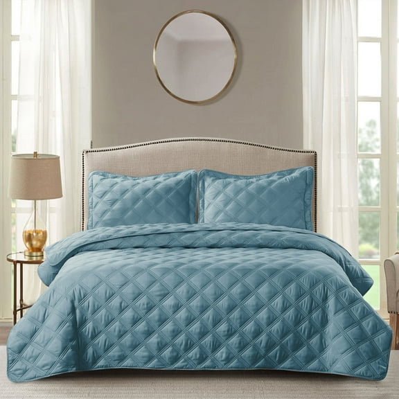 Home Soft Things 3 Piece Charleston Down Alternative Quilted Bedspread Set - Smoke Blue - Queen (100" x 106")