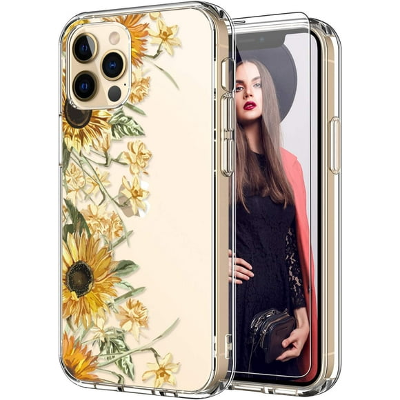 ICEDIO iPhone 12 Case with Screen Protector,iPhone 12 Pro Case,Clear with Cute Sunflowers and Yellow Floral Patterns for Girls Women,Slim Fit TPU Cover Protective Phone Case for iPhone 12/12 Pro 6.1"