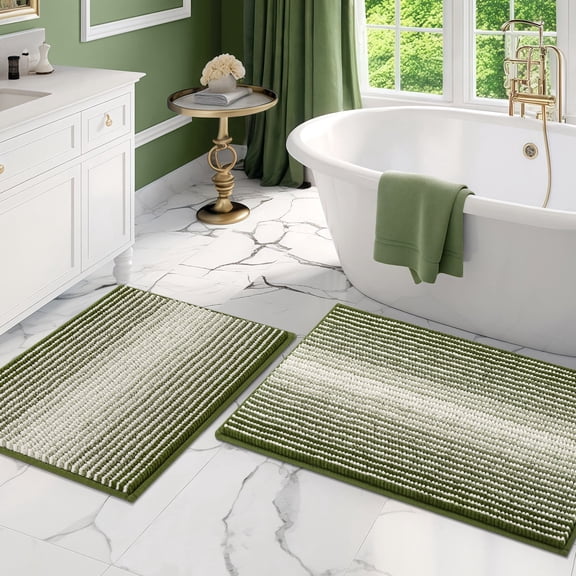 2 Piece Striped Bath Mat Set, Back to School Chenille Bathroom Rugs, Non-Slip Extra Absorbent Machine Washable, Sage Green, 20"x32" and 16"x24"