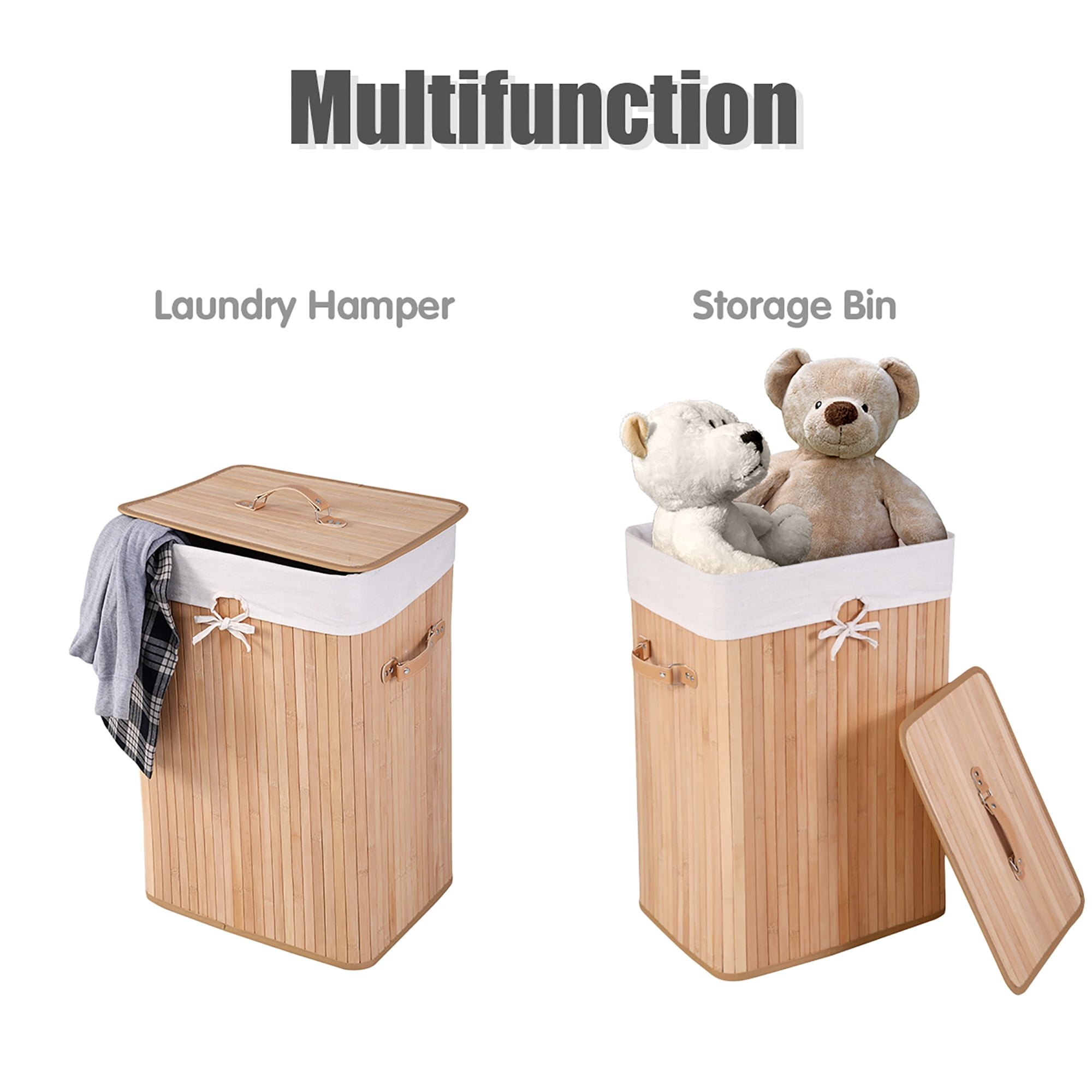 Costway Rectangle Bamboo Hamper Laundry Basket Washing Cloth Bin Bag Lid Natural