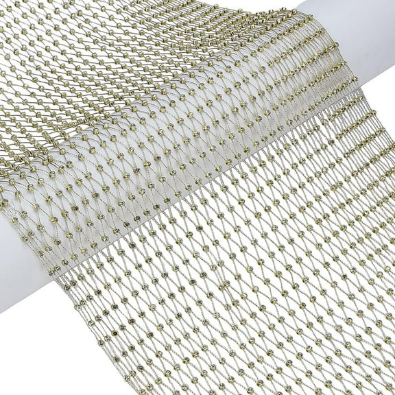 Polyester Elastic Rhinestone Fishnet Fabric Shiny Mesh Fabric for Garment Accessory Light Khaki 3mm 2yards/pc