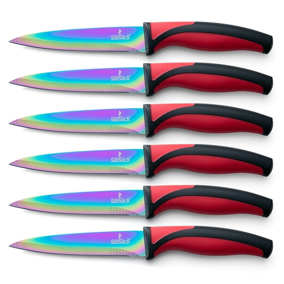SiliSlick Steak Knife Set - Iridescent/Rainbow Titanium Coated Stainless Steel Knives - 5 inch / 12.7cm - (6 Red)
