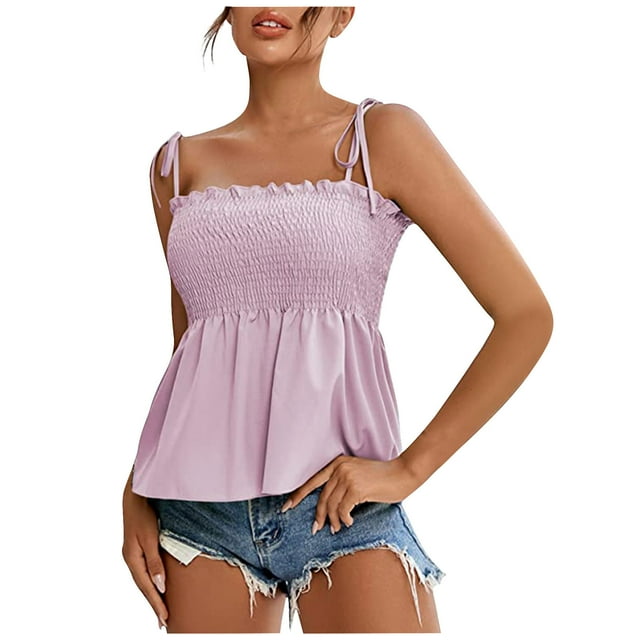 Timegard Women Tank Tops Ruffle Spaghetti Strap Sleeveless Solid Color Slim Comfy Camis Tops Summer Fashion