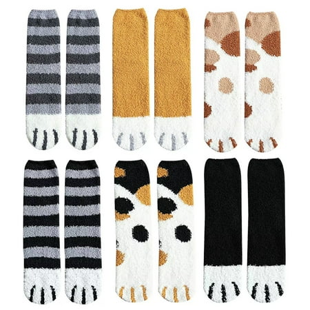 

6 Pairs of Thicken Coral Fleece Stockings Cat Paw Pattern Socks (Mixed Style)