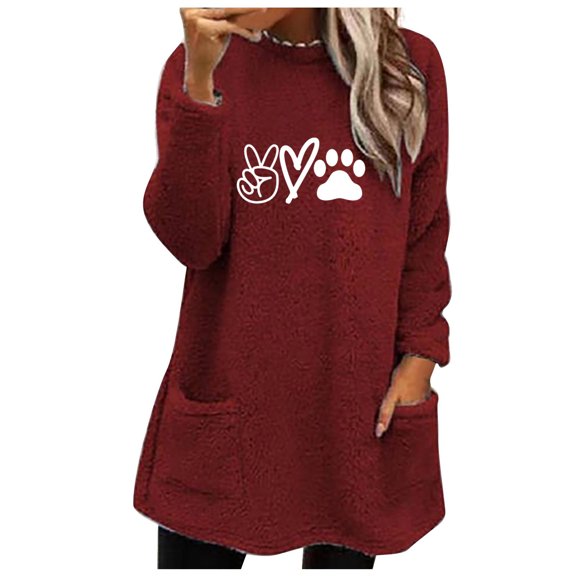 Virmaxy Fall Winter Mid-Length Sherpa Fleece Coat for Women Love Cat's Paw Printed Fuzzy Thicken Blouse Tops Long Sleeve Pullover Shirt Crew Neck Loose Plush Sweatshirt with Pocket Red-A M