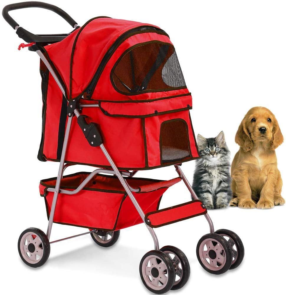 4 Wheels Pet Stroller Cat Dog Cage Stroller Travel Folding Carrier with Cup Holders and Removable Liner for Small-Medium Dog Cat 
