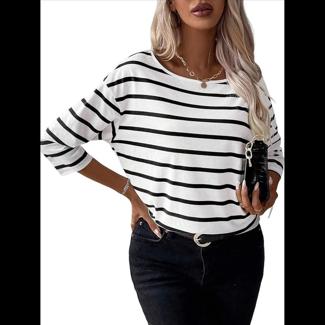 Camisetas de 3/4 para Mujer, Camisas A Rayas con Cuello , Camisetas de Algodón Francés Negro XL