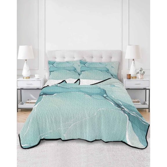 Quilts Twin XL Size, Turquoise Soft Comforter Bedding Set for Bed, Modern Marble Ink Painting Abstract Art Lightweight Quilted Bedspread with Pillow Cover(2 Pieces) for All Season, 68x98 Inch