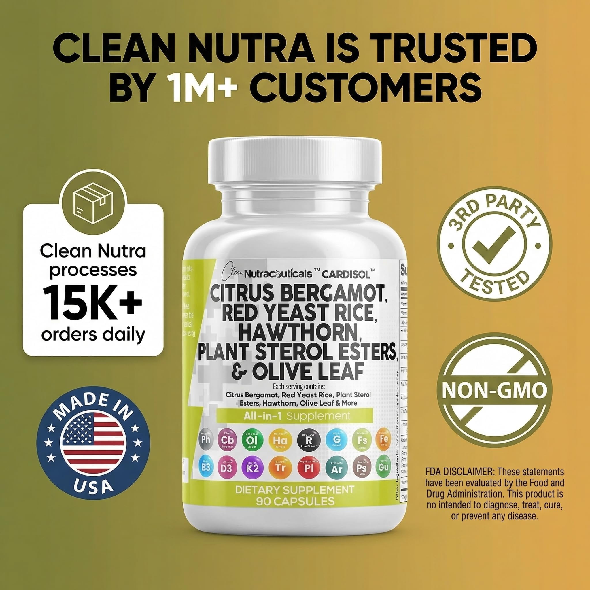 Clean Nutraceuticals Citrus Bergamot Red Yeast Rice Capsules with Plant Sterols - with Hawthorn Extract Olive Leaf Niacin Vitamin K3 D3 COQ10 Guggul & More