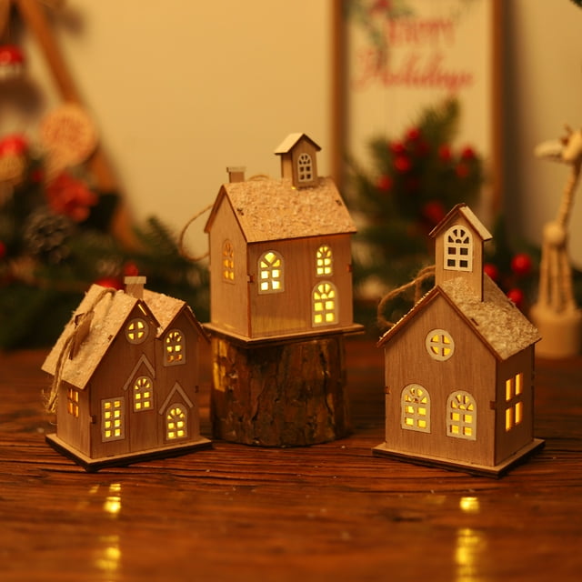 Xihbxyly Casita Luminiscente Led, Colgante de Madera para Árbol de Navidad, Decoración Única, Efecto de Iluminación Nocturna Cálida, Ideal para Sala de Estar, Dormitorio y Decoración Navideña. Juego