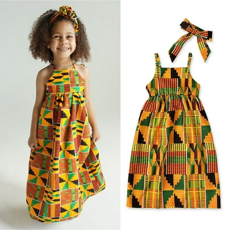 

Hunpta Kids Girls African Dashiki Traditional Style Sleeveless Strap Dress Ankara Princess Backless Dresses Headband Outfits 1-5Y
