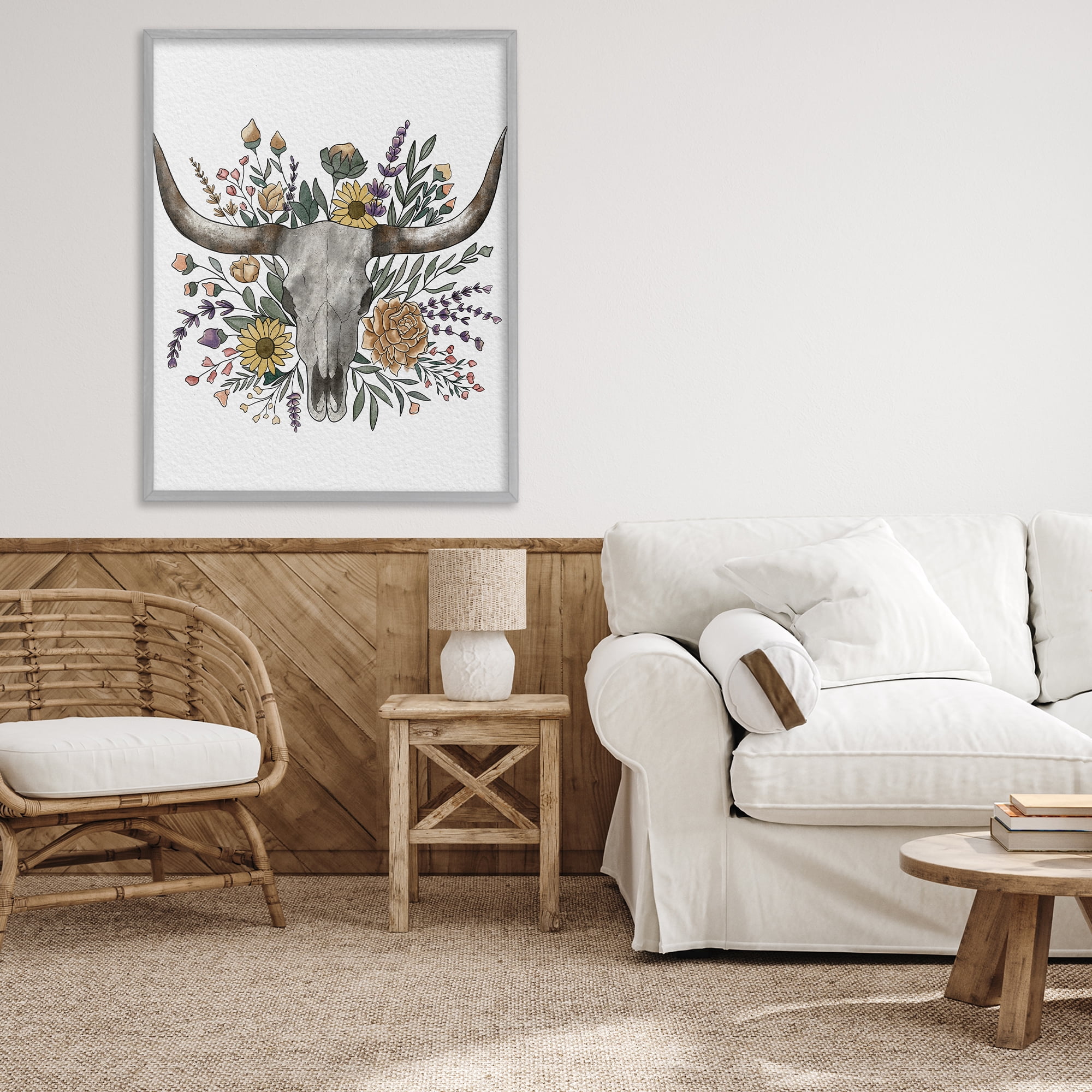 Stupell Industries Boho Wildflower Longhorn Gray Framed Giclee Art, design by Alisha Kiara Design