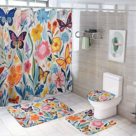 Watercolor Butterfly 4 Piece Shower Curtain Sets, with Non-Slip Rugs, Toilet Lid Cover And Bath Mat, for Bathroom Decor Set