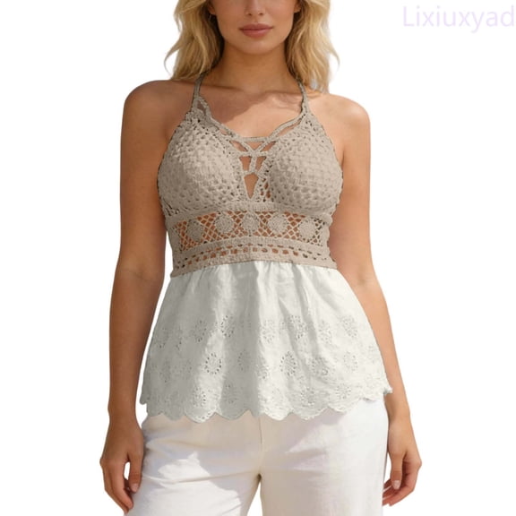 Lixiuxyad Womens Tank Tops Women’s Cool V Neck Sleeveless Solid Breathable Vest Hollow Open Back Tie Camisole,Beige