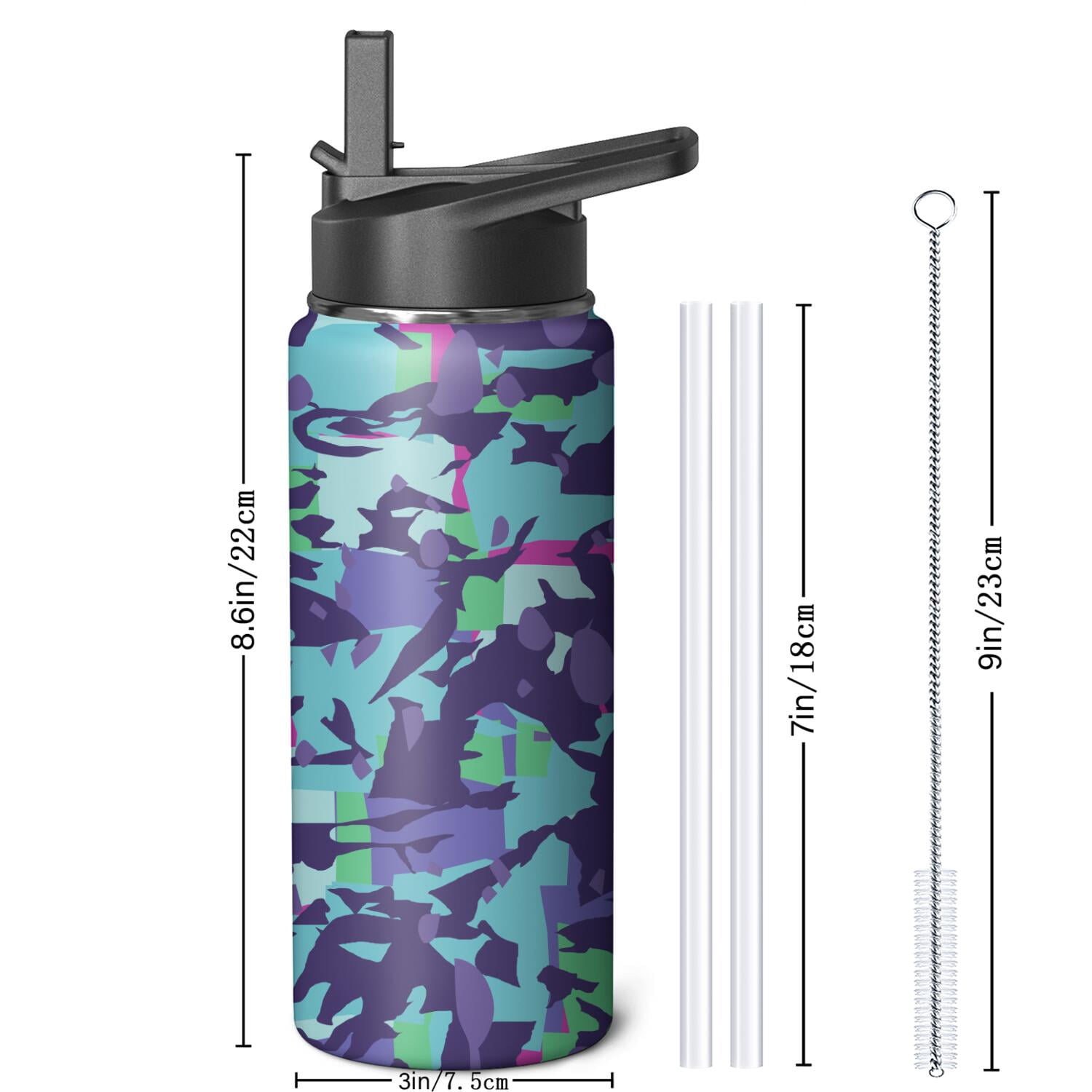 18oz Insulated Water Bottle with Straw & Cleaning Brush, Wide Mouth Stainless Steel Flask, Watercolor Splatter Painting Print