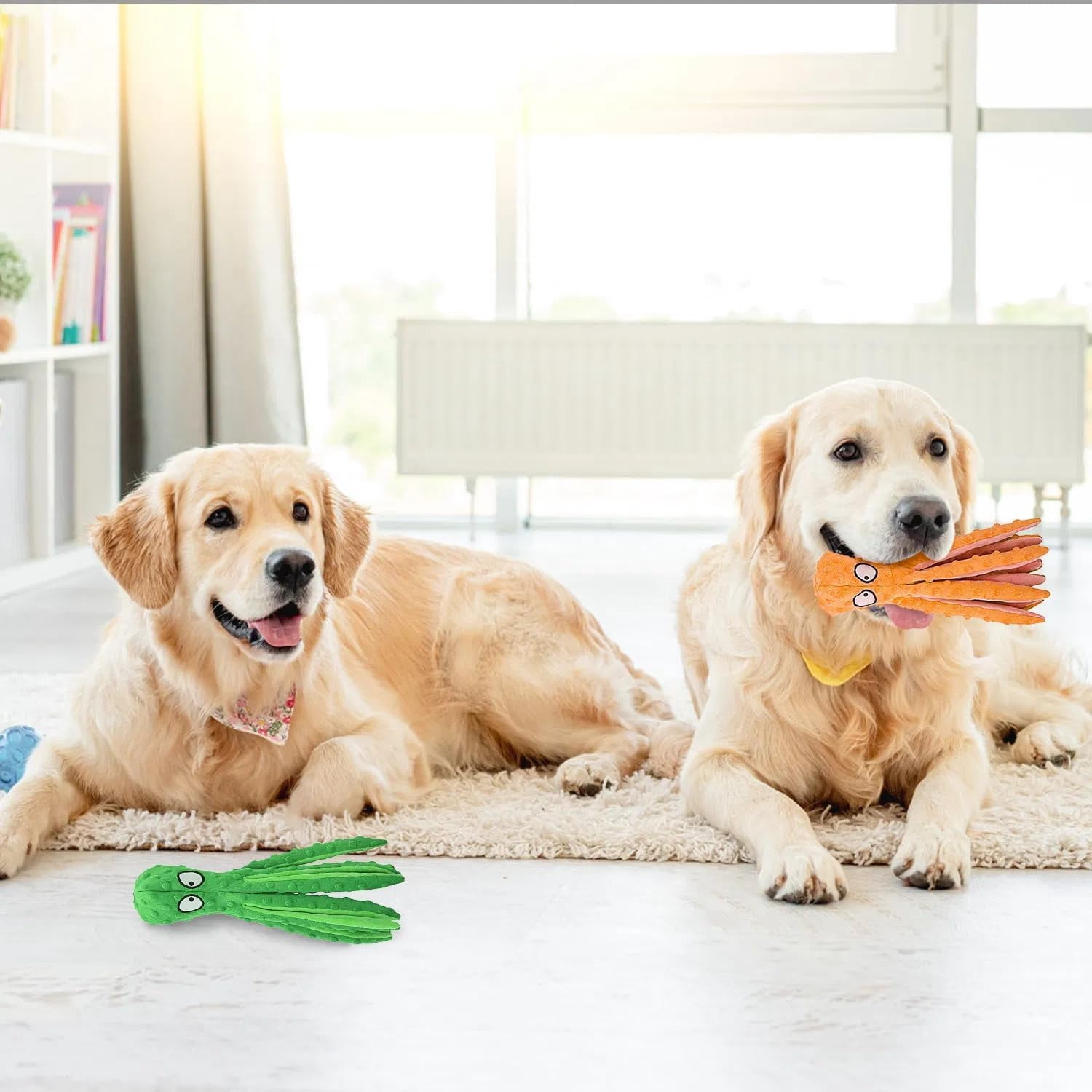 PUPIX 2 Pcs Squeaky Dog Toys No Stuffing Plush Octopus Dog Toy with Crinkle Legs Interactive Dog Teething Training Toy for Puppy Small Medium Large Dogs Stress Relief Chew Play Toys (Green & Orange)