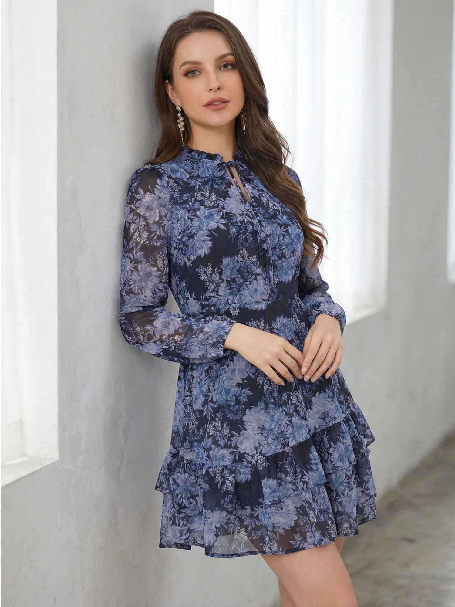 DARING DIVA Women's Layered Tiered Semi Sheer Chiffon Mini Dress L Dark Blue Floral