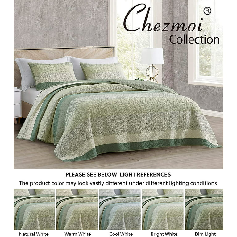 Chezmoi Collection 3-Piece Chic Green Floral Patchwork Stripe Cotton Quilt  Reversible Lightweight Bedspread Set, King Size