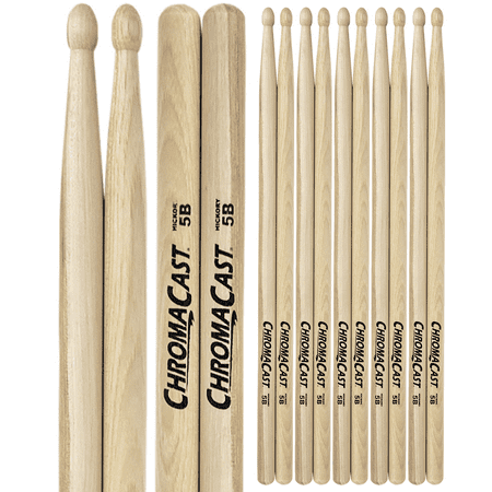 ChromaCast 5B Hickory Drumsticks Pair - Wood Tipped - Drum Sticks Tour Tested by Pro Drummers - Real Hickory Wood