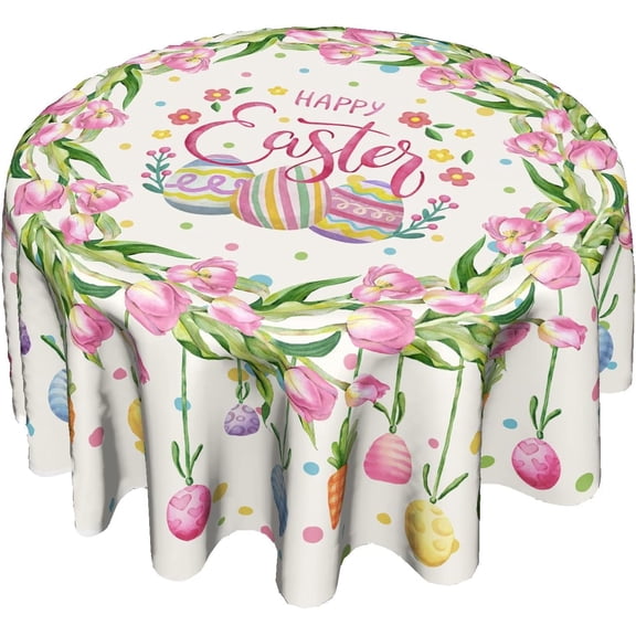 Floral Coloring Round Easter Tablecloth, Spring Pink Tulip Flower Table Cover Kitchen Dining Room Dinner Easter Eggs Tablecloth Party Decorations Stain Resistant Round 60"