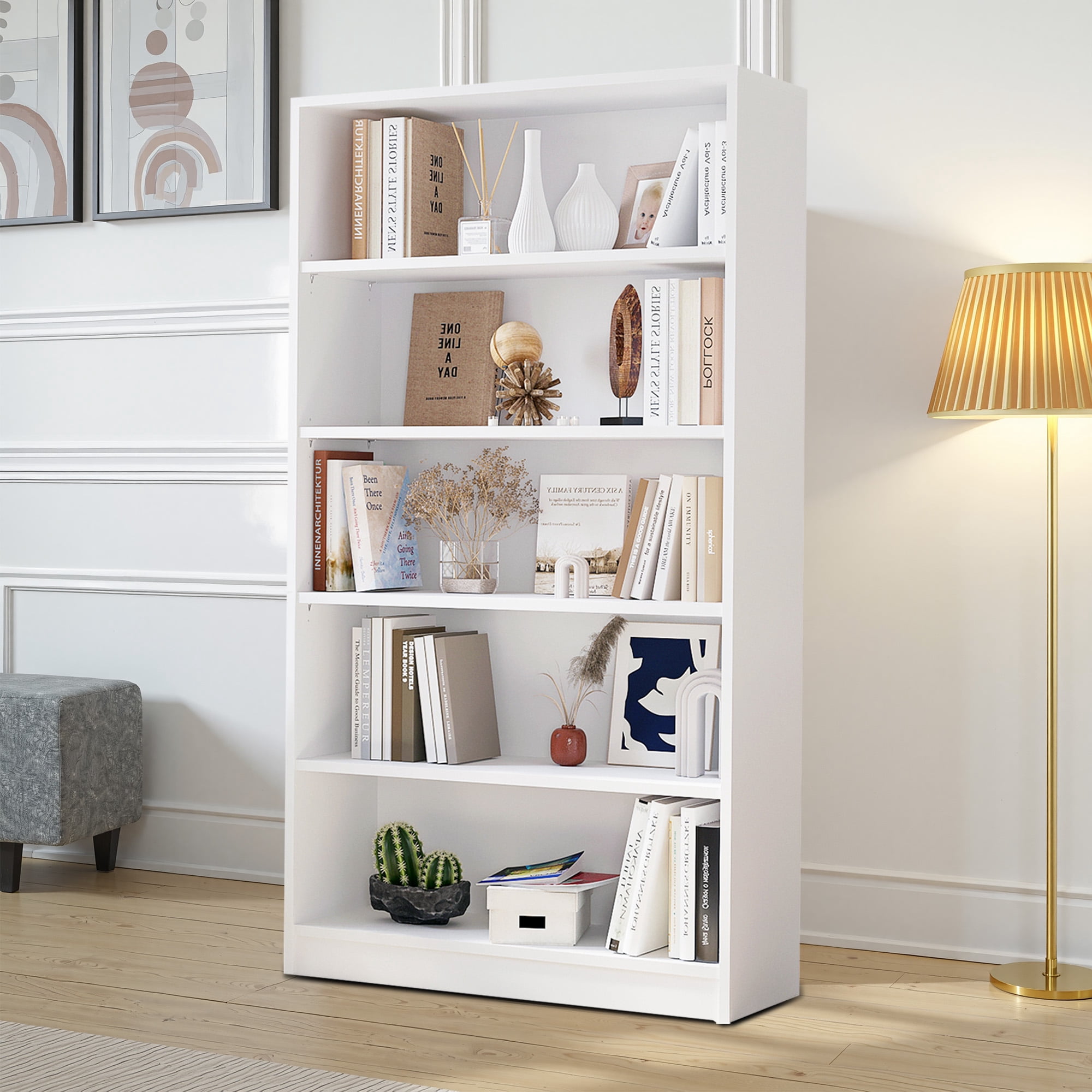 MAYEERTY 5-Shelf Wood Bookcase, 60" Tall, for Bedroom, White