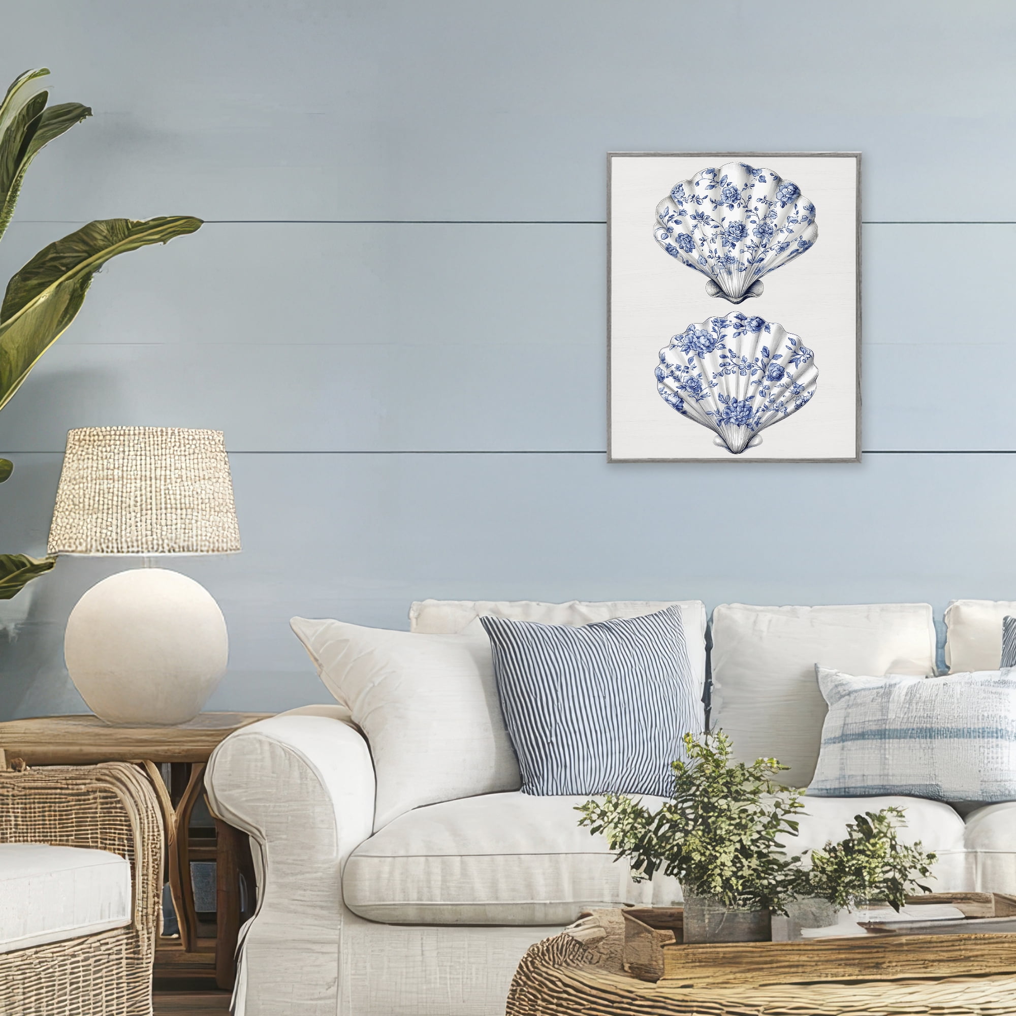 Delicate Toile Seashells Gray Framed Giclee Art, design by Lettered and Lined
