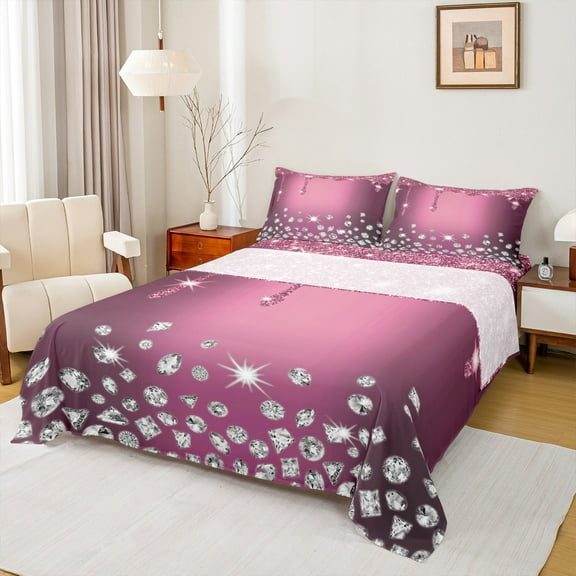 Feelyou Chic Bling Diamond Twin Sheet Sets, Princess Pink Sequin Print Twin Fitted Sheet, Modern Fashion Flat Sheet, Breathable Home Decor, 3-Piece