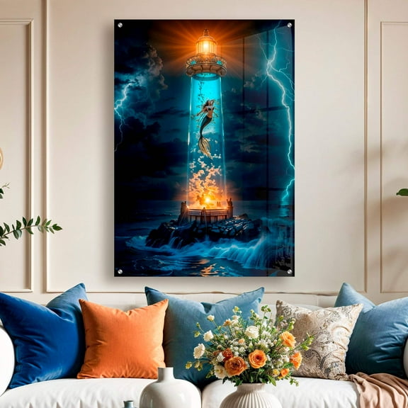 Acrylic Wall Art Mermaid  Lighthouse Fantasy – Ocean Storm Art Decor